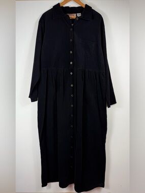 Vintage NWT Studio Ease Black Corduroy Button Front Maxi Shirt Dress Size 18